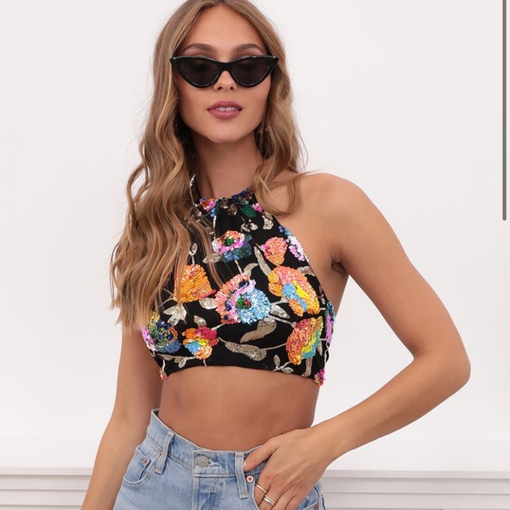Lucy in the sky sequin floral tie top